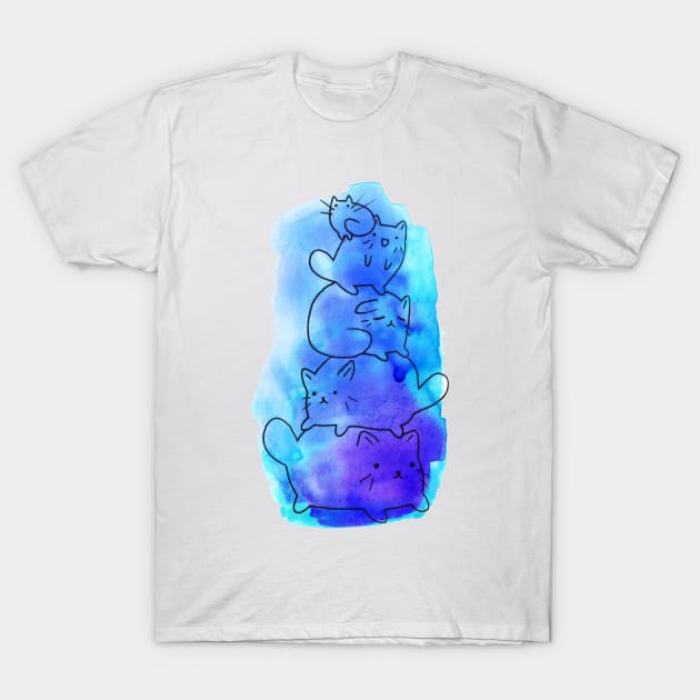 Watercolor Blue Kitty Pile T-Shirt by saradaboru